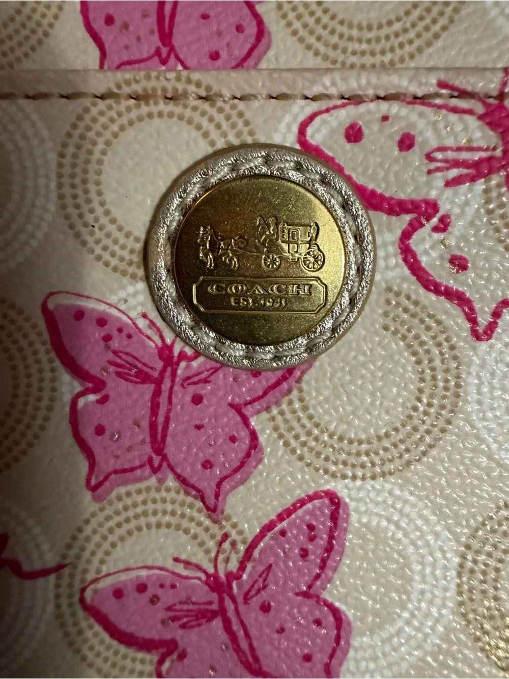 Coach Beige Signature Butterfly Zip Wallet with Pink Accents